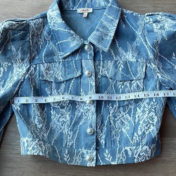 Vici Denim Lace Puff Sleeve Cropped Jacket 80’s inspired coquette size M - Picture 6 of 10